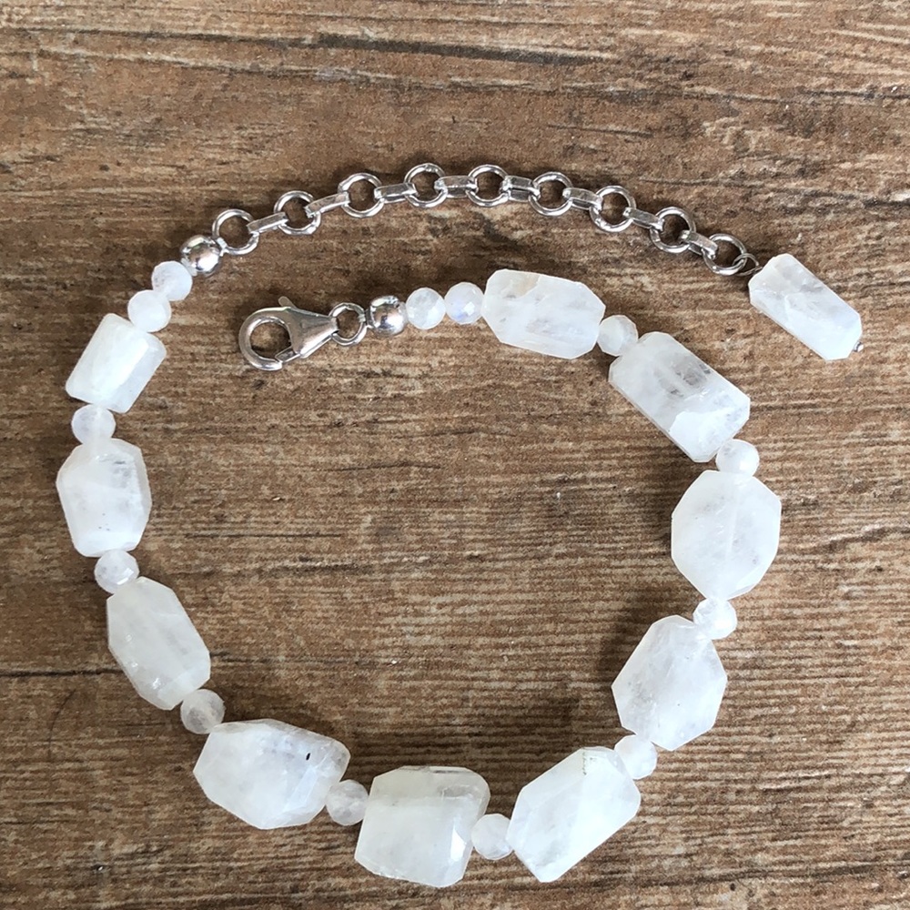 Rough Cut Rainbow Moonstone Sterling Silver Bracelet - Picture 3 of 12